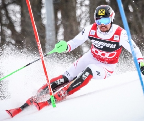 Marcel Hirscher pendant la coupe du monde de ski slalom en 2018