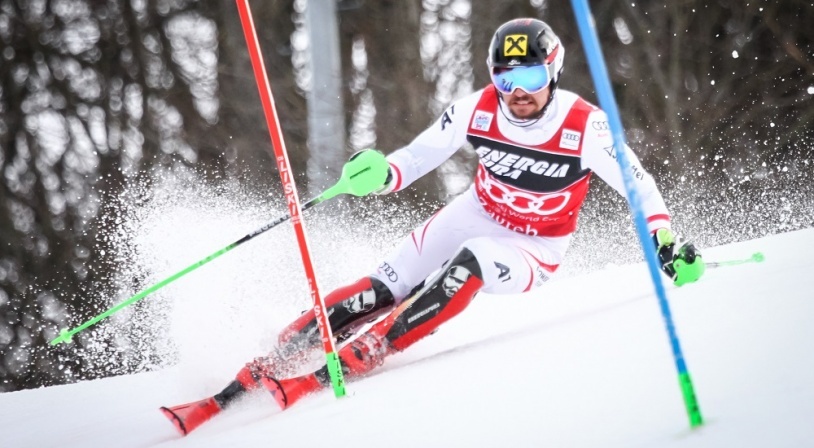 Marcel Hirscher pendant la coupe du monde de ski slalom en 2018